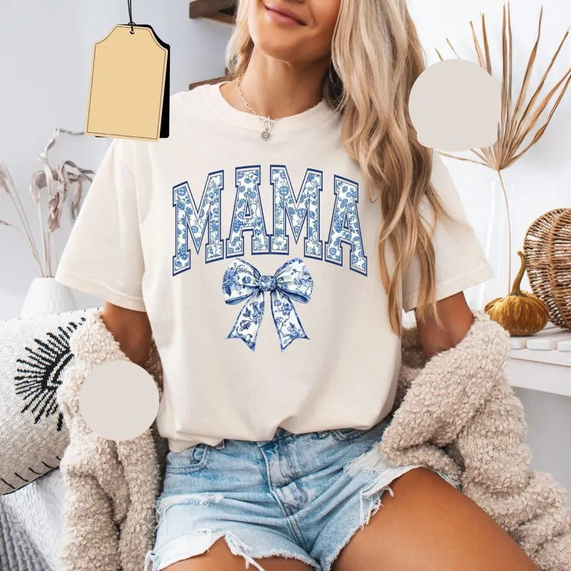 Mama Shirt, Blue Ribbon Shirt, Mothers Day Gift, Aesthetic Gift For Mom, Cute Mom Shirt, Toile Bow Shirt, Chinoiserie Shirt