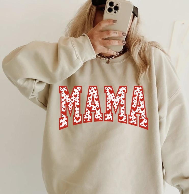 Mama Valentine Heart Crewneck, Retro Cotton, Crewneck Fashion Fit Sleeve Comfortable Cute, CASUAL COTTON CREWNECK HOODIE,...