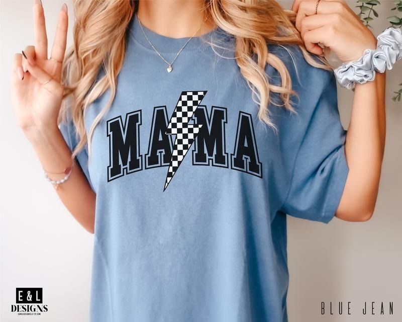 Mama Varsity Shirt, Comfort Colors Tee, Checkered Mom Tee, Mother's Day Gift, Trendy Lightning Bolt Mama Tshirt, Baby...