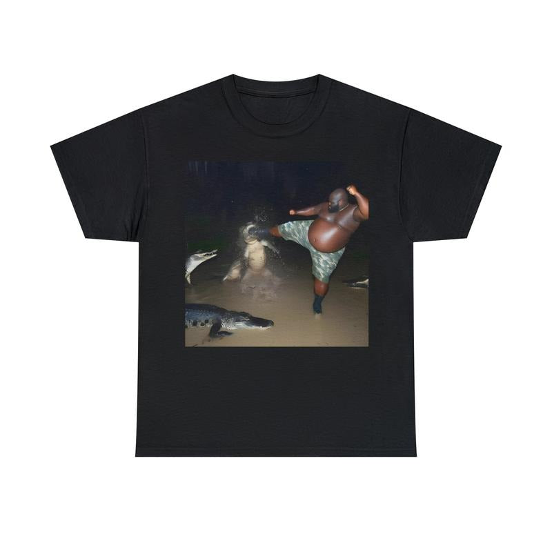 Man Kick Alligator In Swamp Shirt Tee Gator Crocodile Funny Viral Meme sweater and hoodie Sweatshirt | WearSparks.com