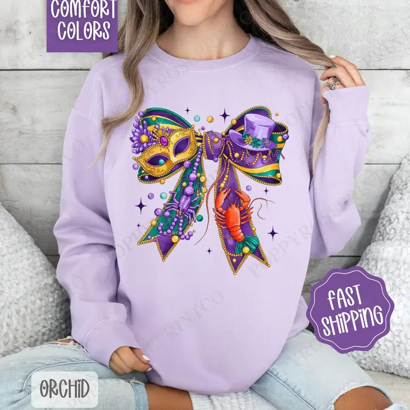 Mardi Gras Bow Comfort Colors Sweatshirt, Coquette Mardi Gras Women's Crewneck, Louisiana Women's Sweater