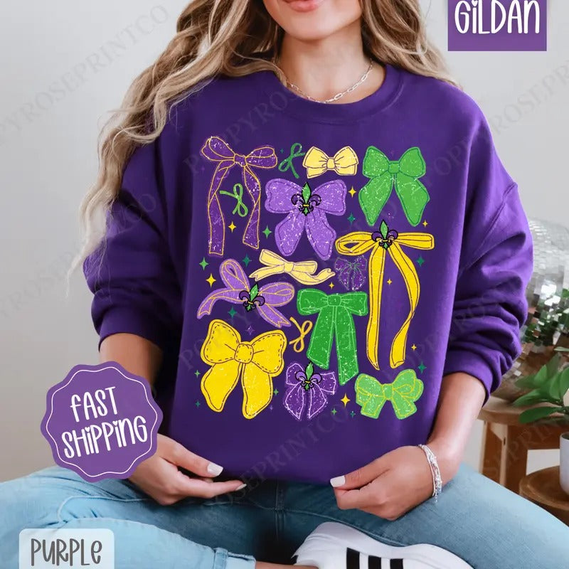 Mardi Gras Bows Sweatshirt, Coquette Mardi Gras Crewneck, Holiday Women's Sweater