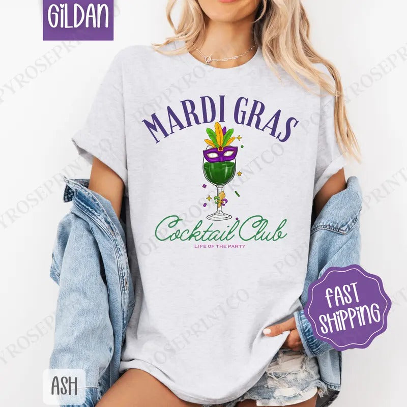 Mardi Gras Cocktail Club Shirt Gildan, Louisiana Parade Women's Tee, Holiday Women's Tshirt Plus Sizes
