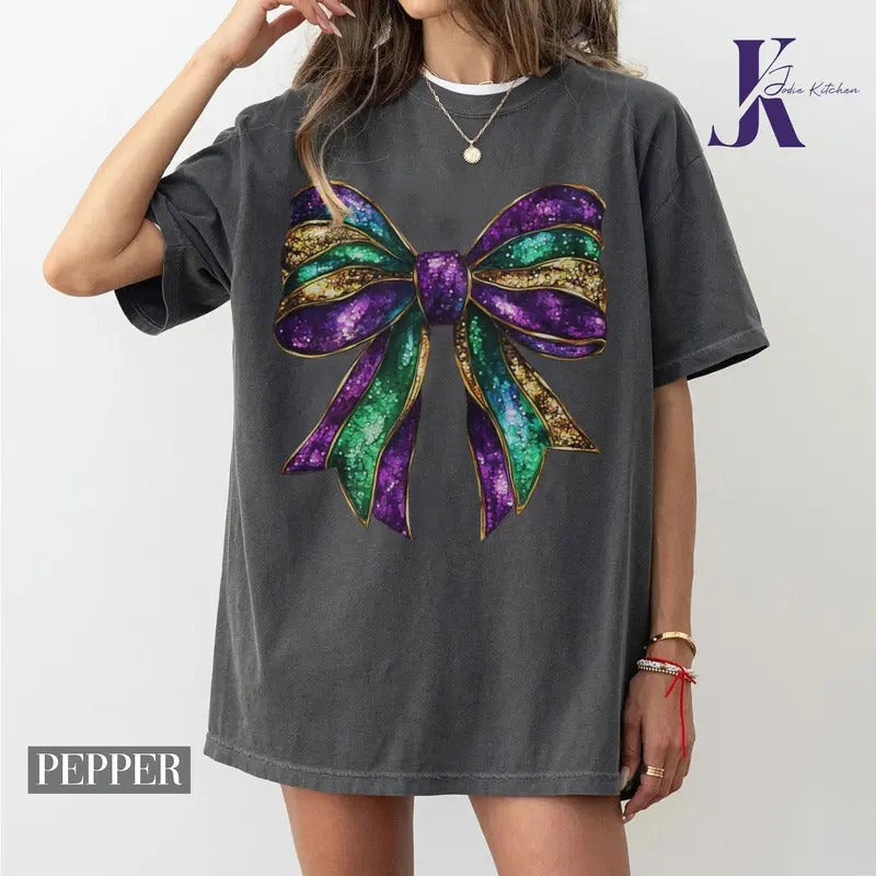 Mardi Gras Coquette Bow Sweatshirt, Mardi Gras Shirt, Mardi Beads Louisiana Festival Shirt, New Orleans Carnival Bow...