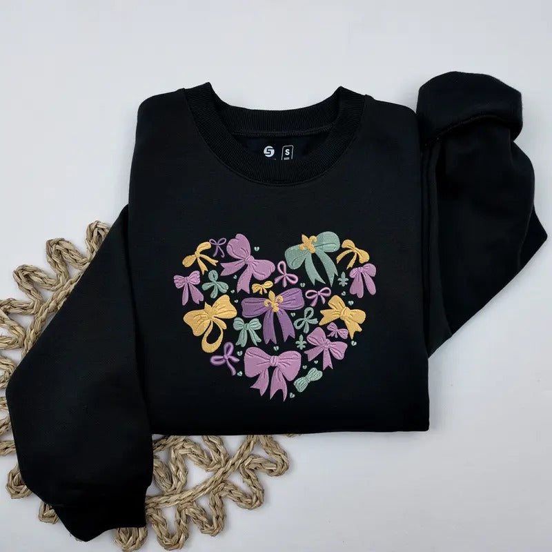 Mardi Gras Coquette Heart Embroidered Sweatshirt, Mardi Gras Party Crewneck Sweater T-Shirts, Hoodie | WearSparks.com