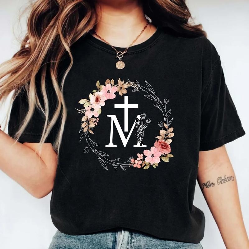 Marian Catholic Shirt, Assumption of Mary T-shirt, Christian Tee For Woman, Floral M & Faith Cross Gift Shirt, Religious...