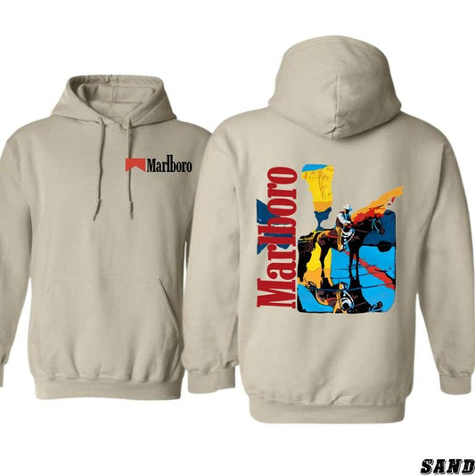 Marlboro Hoodie - Vibrant Cowboy Graphic with Classic Branding, Ideal for Western Enthusiasts, Durable and Comfortable Fabric, Perfect for Unisex Casual Wear, Elevate Your Style with This Bold Statement Piece Menswear Sweaters