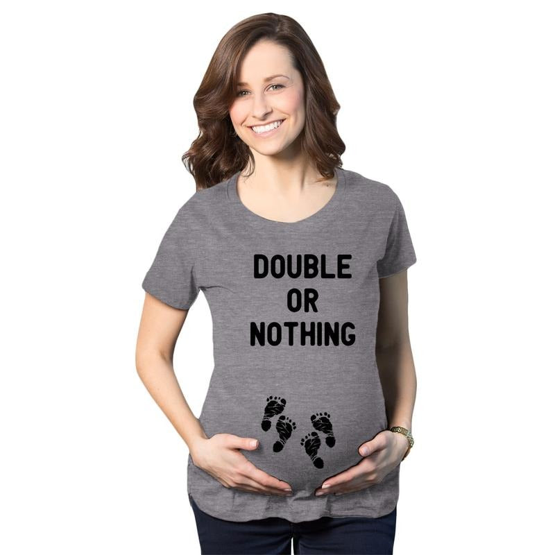 Maternity Double Or Nothing T Shirt Funny Twins Baby Pregnancy Announcement Graphic Tee Funny Graphic Maternity Tee Cute Pregnancy Tees With Plus Sizes Funny Sarcastic Short Sleeve Funny Maternity Dark Grey
