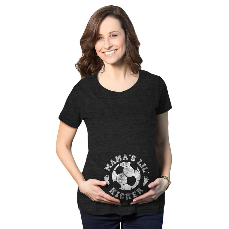 Maternity Mama's Little Kicker T Shirt Cute Soccer Pregnancy Tee Funny Graphic Maternity Tee Cute Pregnancy Tees With Plus Sizes Funny Soccer Short Sleeve Funny Maternity Shirts Black
