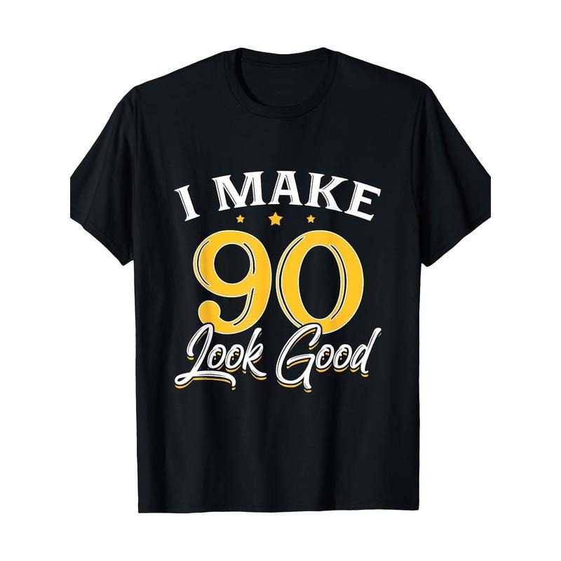 Men'S 90th Birthday T-Shirt, 100% Cotton, Regular Fit, Short Sleeve, Crew Neck, Casual Geometric Pattern Tee, Digital Print, All Seasons - Black Made in USA