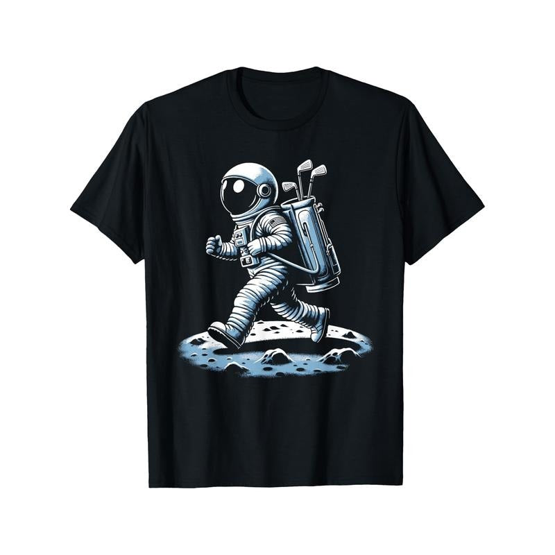 Men'S Astronaut Golfing Graphic Tee, 100% Cotton Short Sleeve T-Shirt, Casual Round Neck, Knitted Fabric, Geometric Print, Regular Fit, Breathable & Soft, All-Season Comfort, Ideal for Daily & Leisure Wear, Halloween & Christmas Gift Made in USA