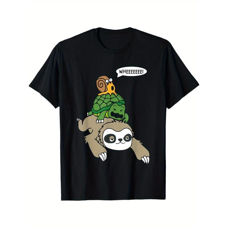 Men'S Casual Cotton T-Shirt with Cute Animal Stack Graphic, Crew Neck, Short Sleeve, Regular Fit, Knit Fabric, 100% Cotton Composition, Medium Stretch - Gift for Men Made in USA