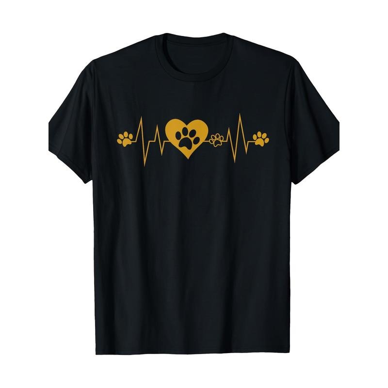 Men'S Casual Cotton T-Shirt with Paw Print Heartbeat Design, Short Sleeve Crew Neck, Digital Print, Basic Style, Regular Fit, All Seasons - 100% Cotton Made in USA