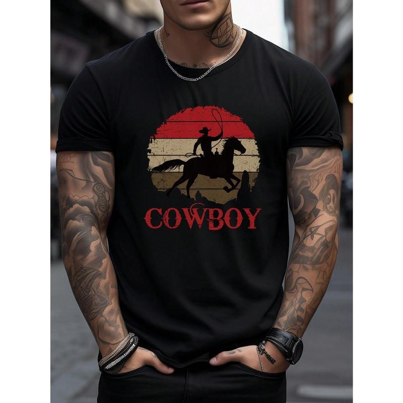 Men Summer Casual Short Sleeve Round Neck T-Shirt With Letter&Knight Print Made in USA