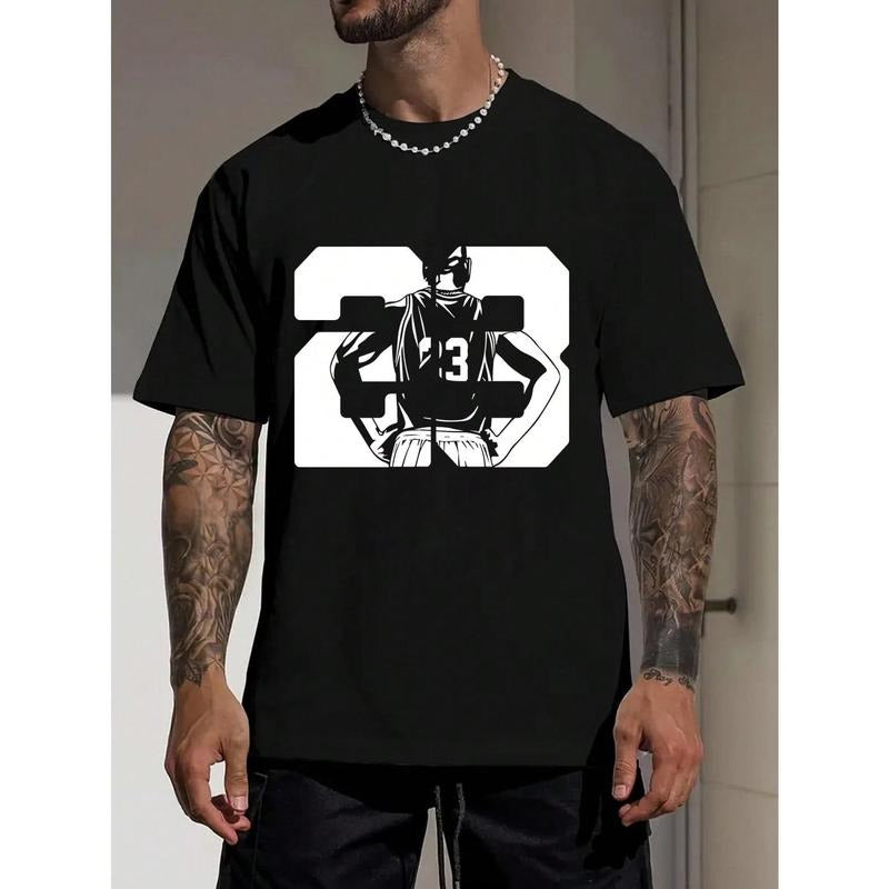 Men Summer Round Neck Short Sleeve T-Shirt With Number 23 And Back Of Basketball Player Patterns Printed Made in USA