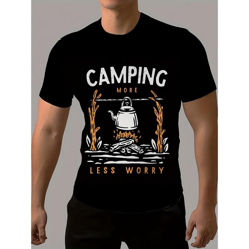 Men's 'CAMPING' Graphic Tee - Casual Short Sleeve Crew Neck T-Shirt, Perfect for Summer Outdoor Activities & Everyday Fashion, Polyester Blend, Machine Washable Made in USA