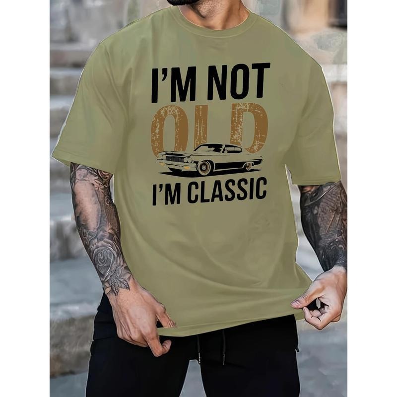 Men's "I'm Not Old, I Am Classic" Pattern T-shirt-Soft Cotton, Casual Crew Neck, Short Sleeve, Vintage Car Print, Suitable for Casual Wear