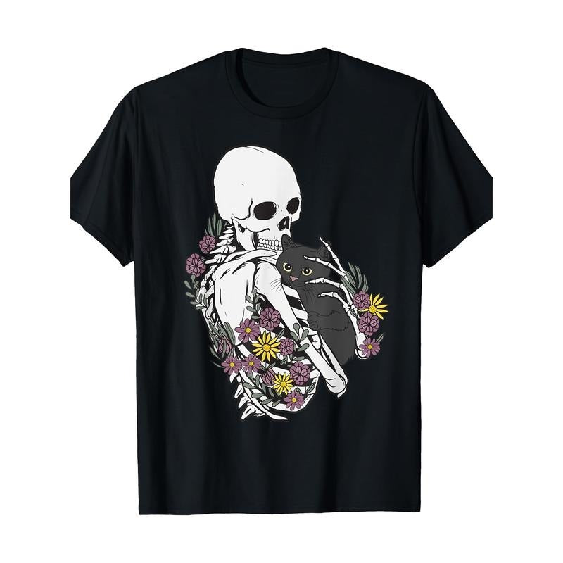 Men's 100% Cotton Skull & Cat Graphic Tee - Casual Short Sleeve Crew Neck T-Shirt, Breathable & Soft for All Seasons Made in USA