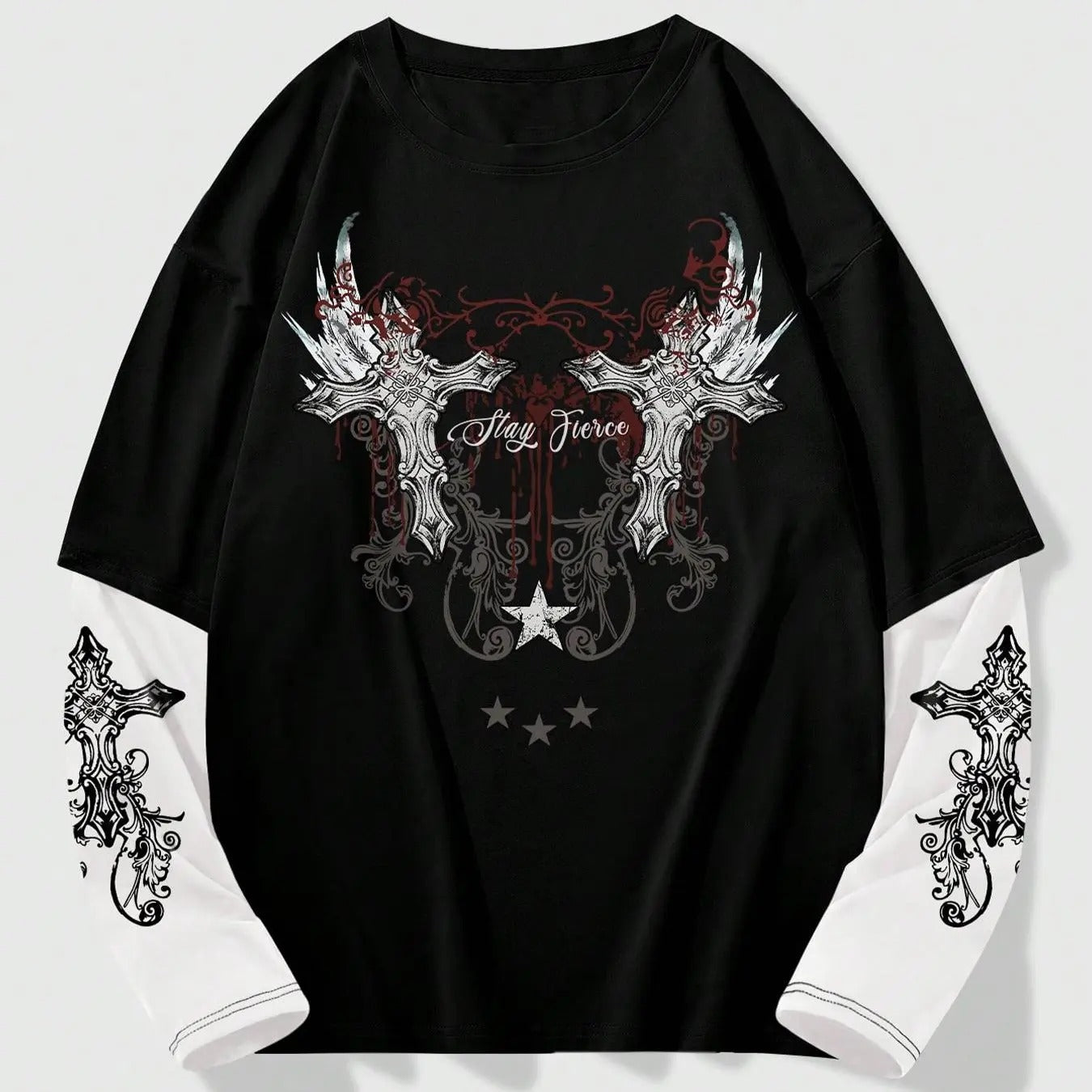 Men's 2 in 1 Colorblock Cross Print Drop Shoulder Tee, Street Fashion Casual Long Sleeve Round Neck T-shirt for Daily Wear, Menswear for All Seasons, Christian Apparel Tops