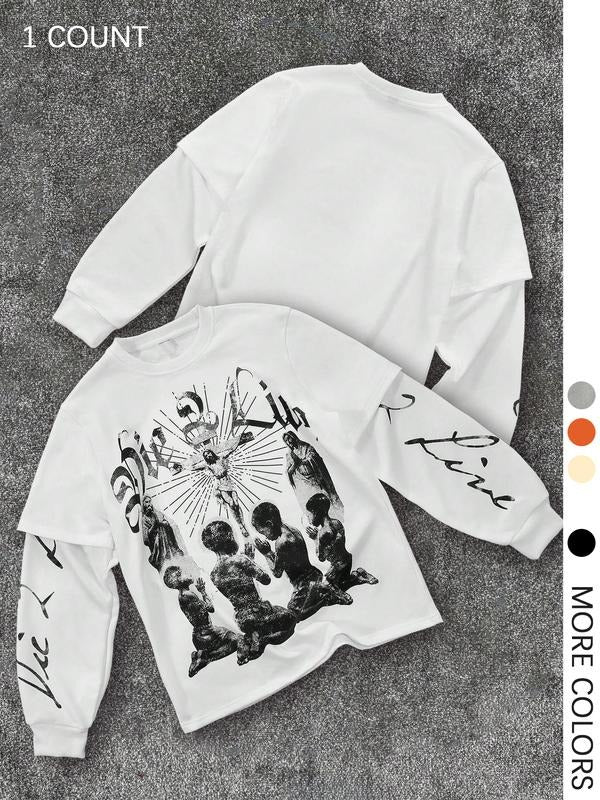 Men's 2 in 1 Vintage Graphic Print Long Sleeve Sweatshirt, Regular Fit Casual Retro Round Neck Pullover for Daily Wear, Men's Top for All Seasons