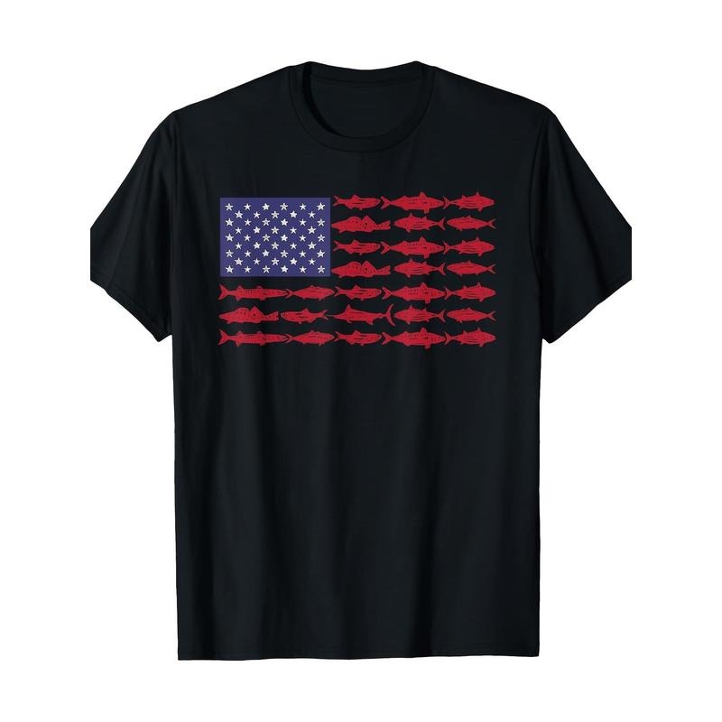 Men's American Flag Fishing Tee - 100% Cotton, Short Sleeve, Crew Neck - Casual & Outdoor Wear Made in USA