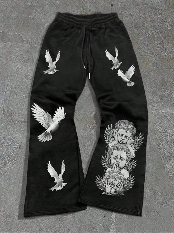 Men's Angel & White Dove Print Drawstring Waist Sweatpants, Regular Fit Street Fashion Casual Comfy Pocket Straight Leg Trousers for Spring & Fall, Men's Trousers for Daily Wear