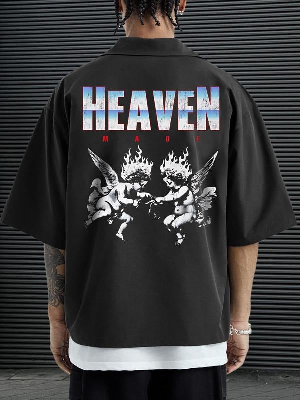 Men's Angel Print Short Sleeve Shirt, Regular Fit Casual Fashion Comfy Top for Summer, Men's Clothes for Daily Wear, Tropical