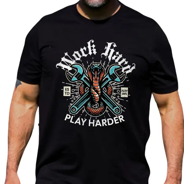 Men's Black T-Shirt - 'Work Harder, Play Harder' with Cobra & Crossed Wrenches | Grunge Vibe & Dark Aesthetic | Edgy Graphic Tee with Bold Design | Perfect for Rugged Style | Sizes Up to 5XL Maximum Comfort | Ideal for Hardworking & Hardplaying Attitude