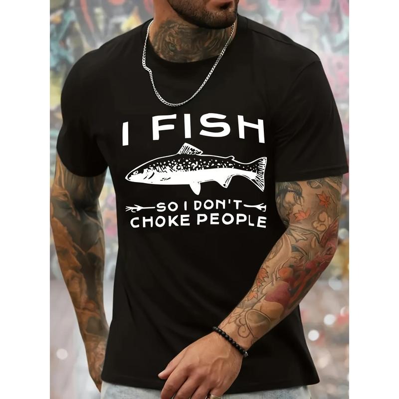 Men's Breathable Fish Print T-Shirt - Stylish & Lightweight Crew Neck Tee for Summer, Machine Washable Made in USA