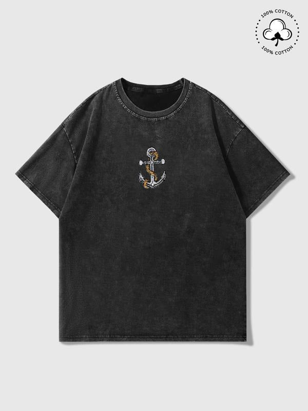 Men's Cartoon Anchor Print Short Sleeve Velvet Tee, Regular Fit Casual Fashion T-shirt for Summer, Men's Top for Daily Wear