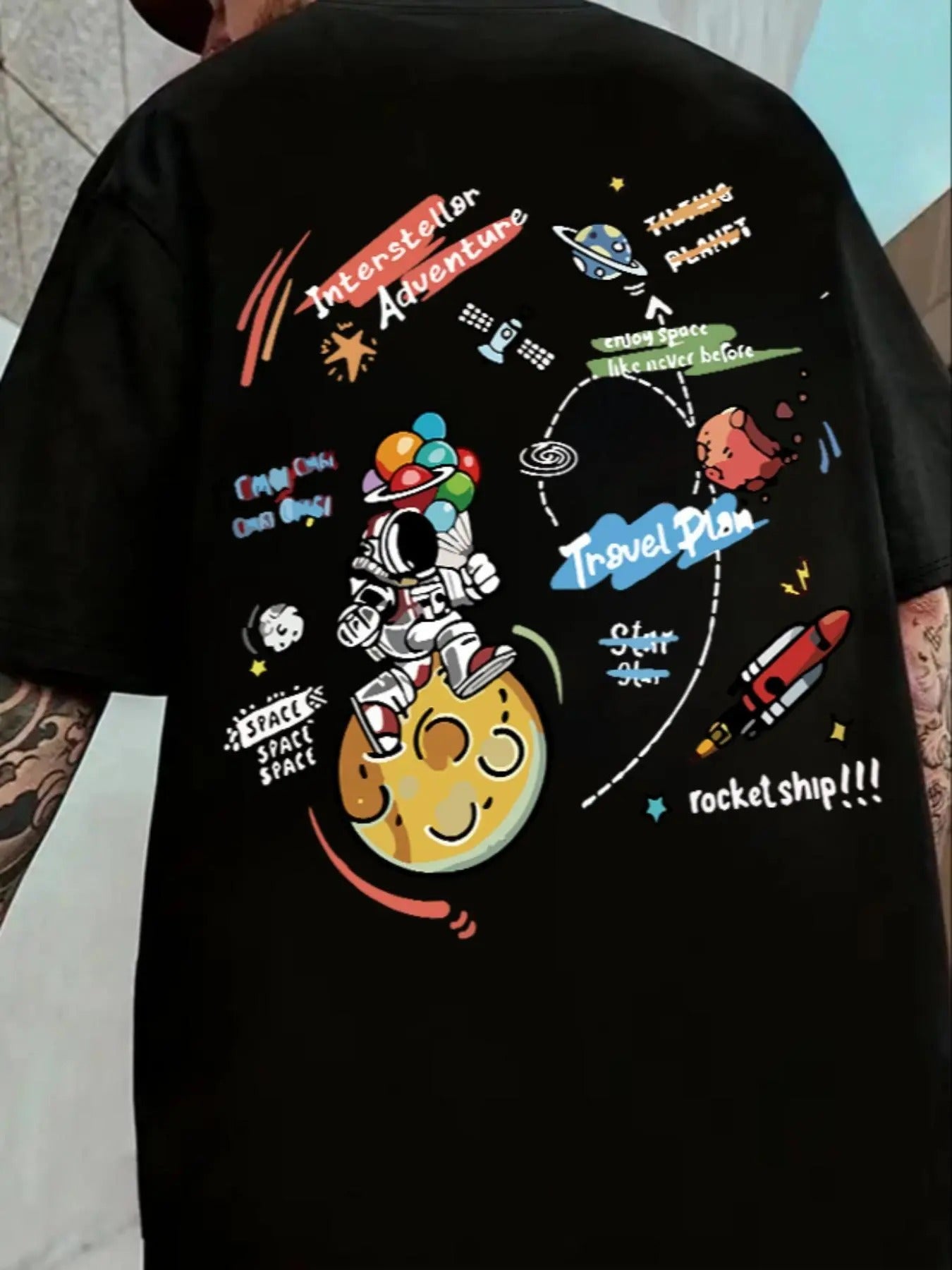 Men's Cartoon Astronaut & Letter Print Drop Shoulder Tee, Regular Fit Casual Short Sleeve Round Neck T-Shirt for Summer, Men's Top for Daily Wear