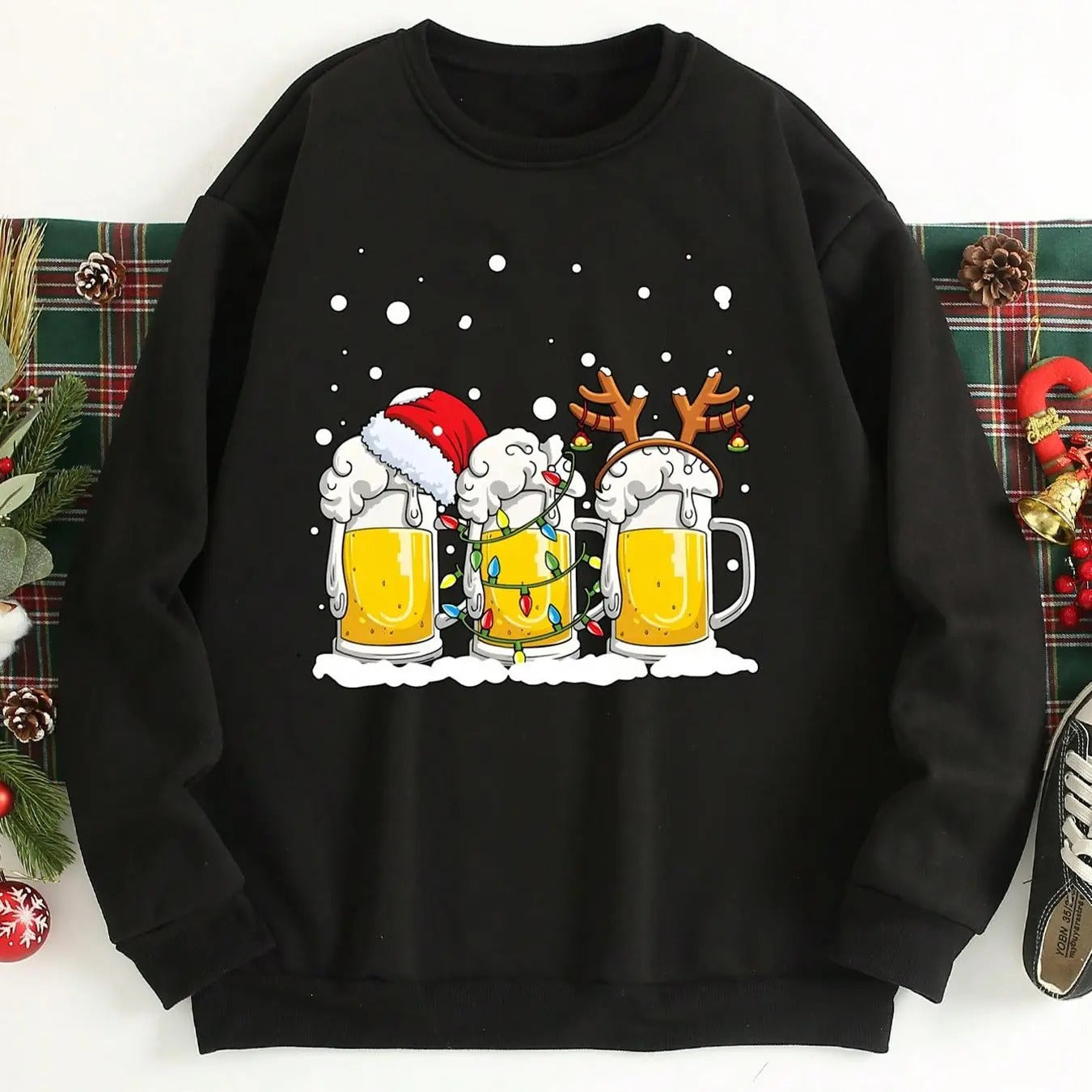Men's Cartoon Christmas Beer Print Drop Shoulder Sweatshirt, Regular Fit Casual Soft Comfy Long Sleeve Round Neck Pullover for Daily Wear, Men's Top for Fall & Winter