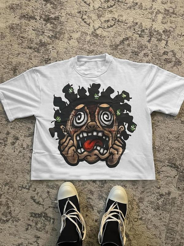 Men's Cartoon Face Print Round Neck Tee, Regular Fit Street Fashion Casual Short Sleeve T-shirt for Daily Wear, Men's Summer Clothes, Top, Cotton