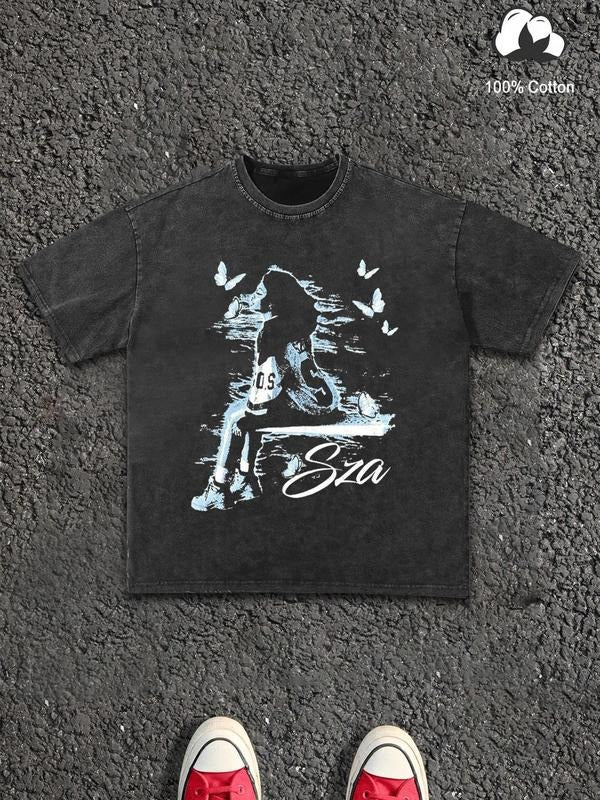 Men's Cartoon Girl Print Wash Tee, Regular Fit Casual Short Sleeve Round Neck T-Shirt for Summer, Men's Top for Daily Wear, Tropical