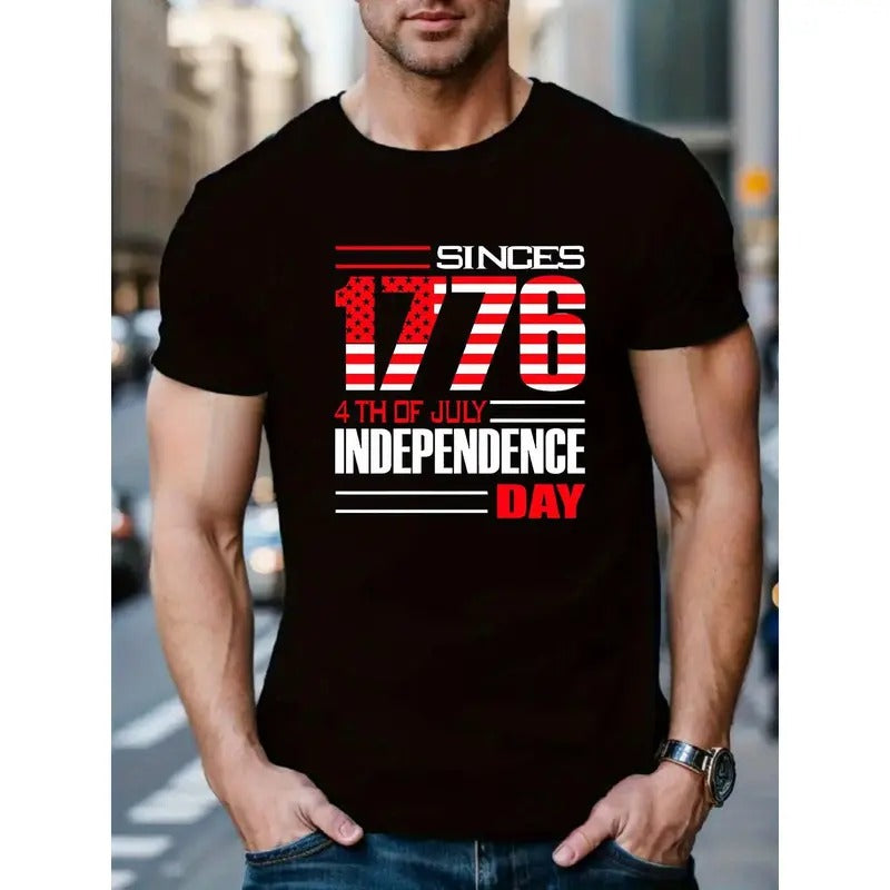 Men's Casual Athletic T-Shirt - Breathable Polyester, Crew Neck, Letter Print Design, Machine Washable - Perfect for Summer & Outdoor Activities MADE IN USA