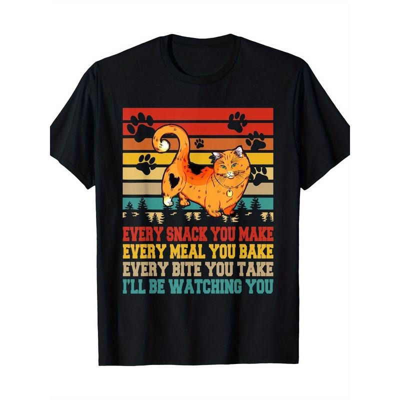Men's Casual Cotton T-Shirt with Fun Snack & Cat Print - Soft, Breathable Crew Neck Tee for All Seasons, Short Sleeve, Regular Fit, Machine Washable - Perfect for Casual Attire Made in USA