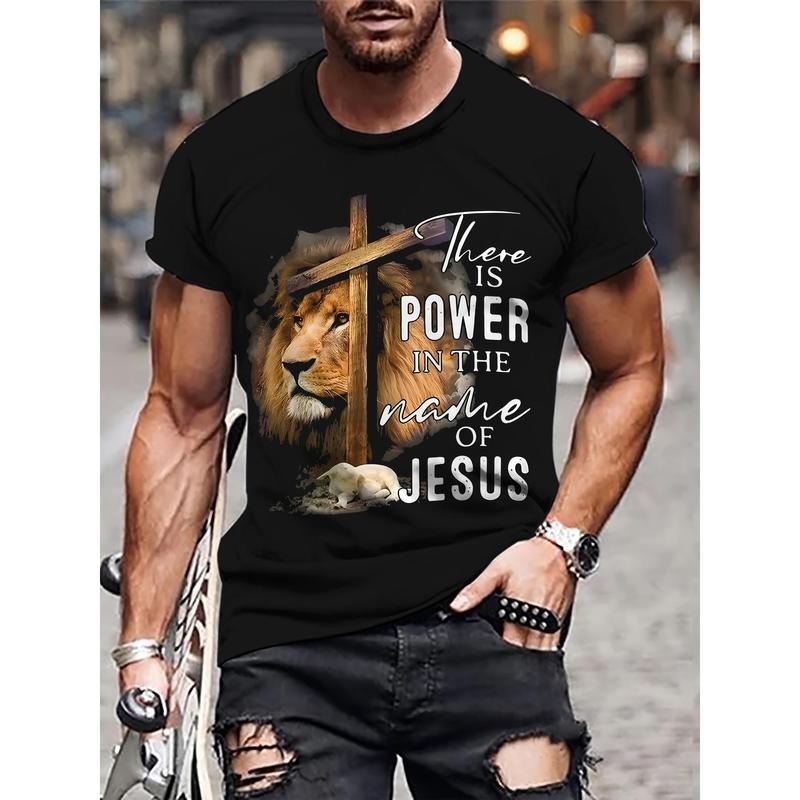 Men's Casual Short Sleeve Crew Neck Lion Print T-Shirt for Outdoor Activities Made in USA