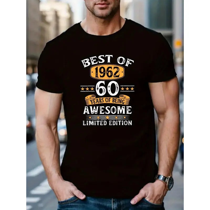 Men's Casual Short-Sleeve T-Shirt - Crew Neck with Unique Letter Print Design, Machine Washable MADE IN USA