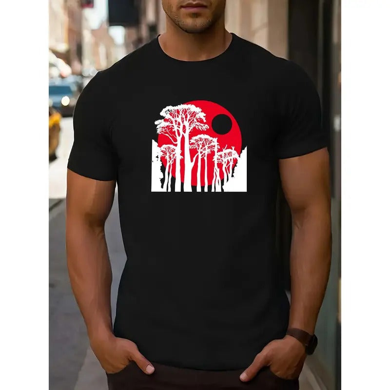 Men's Casual Sports Short Sleeve T-Shirt, Round Neck, Letter Print, Pattern Detail, Relaxed Fit, Stretch Knit Fabric, Regular Size, Athletic Tee MADE IN USA