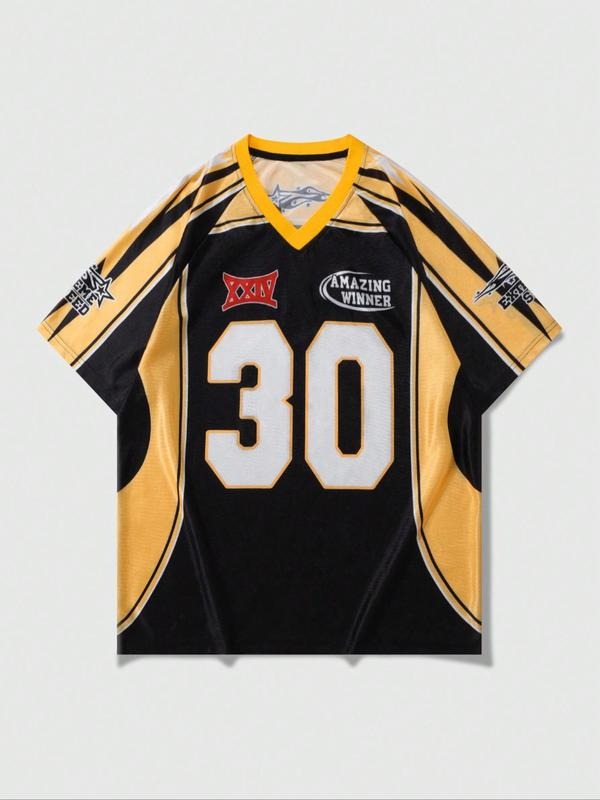 Men's Colorblock & Letter & Number "30" Print Raglan Sleeve Tee, Regular Fit Casual Short Sleeve V Neck T-shirt for Summer, Men's Top for Daily Wear