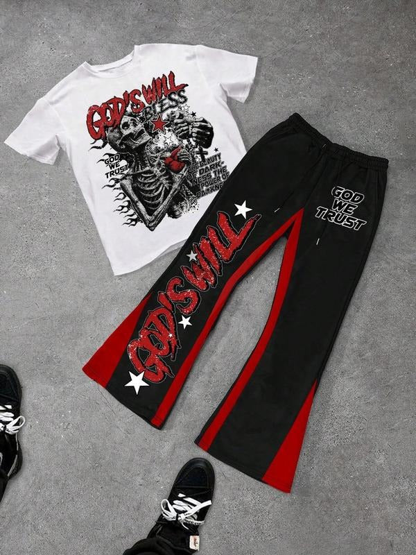 Men's Colorblock Letter Print Tee & Pants Set, Regular Fit Round Neck Short Sleeve T-shirt & Trousers, Casual Fashion Cozy Breathable Men's Outfits for All Seasons