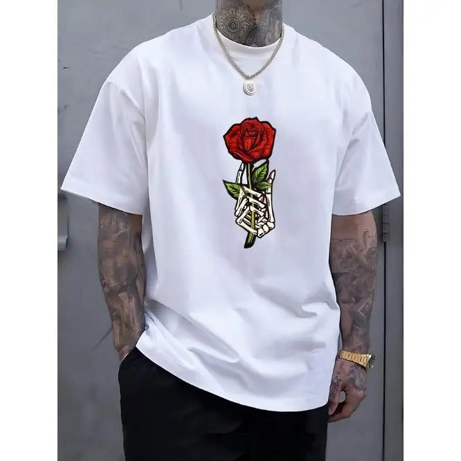Men's Comfy Round Crew Neck Short Sleeve Tee, Breathable Fashion T-Shirt with Rose Pattern Print for Spring Summer Holiday Leisure Vacation Made in USA