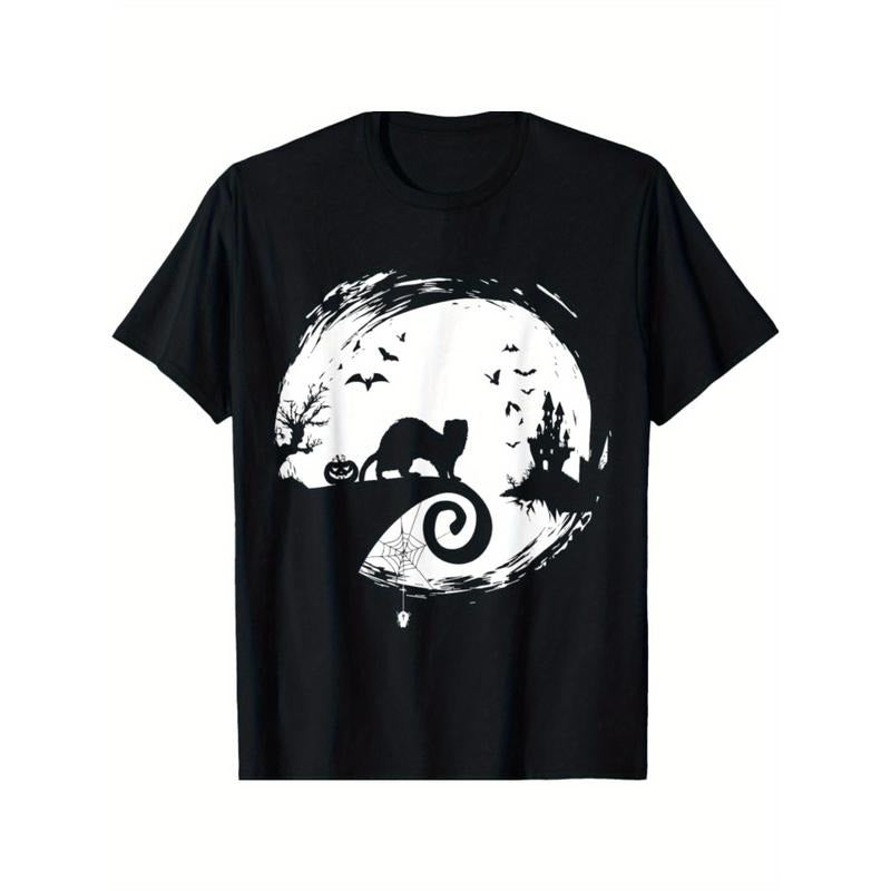 Men's Cotton Crew Neck T-Shirt with Creepy Ferret & Moon Silhouette Design - Casual Short Sleeve Tee, Breathable & Soft, Perfect for Casual Attire Made in USA