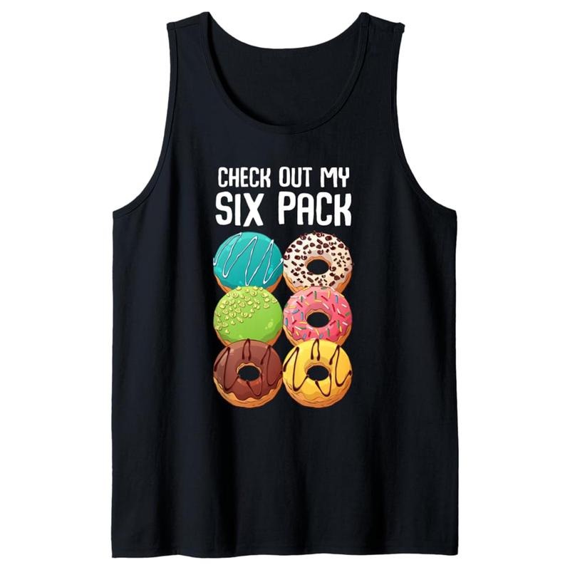 Men's Cotton Sleeveless Tank Top with Donut Print, Casual Crew Neck Vest, Loose Fit Knit Fabric, Medium Stretch, for...