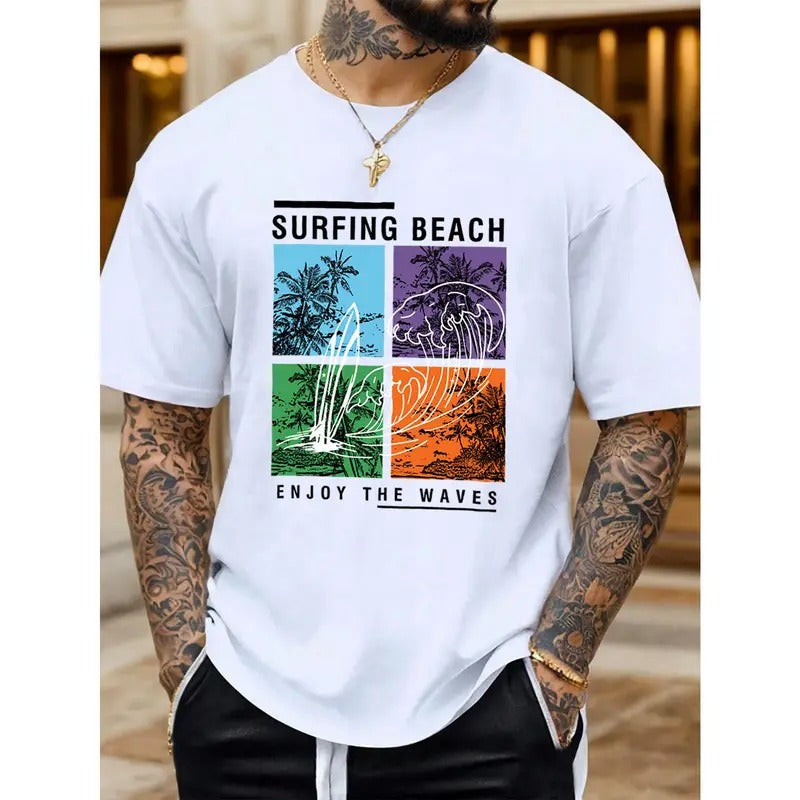 Men's Cotton Trees Graphic Print T-shirt, Casual Short Sleeve Crew Neck Tee, Men's Clothing For Summer Outdoor Made in USA