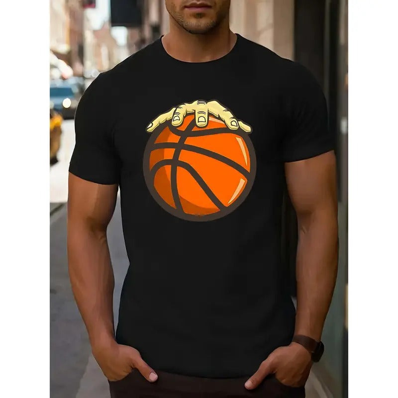 Men's Creative Basketball Graphic Tee - Casual Short Sleeve T-Shirt for Summer Outdoor Leisure, Machine Washable, Men's, Creative, Short Sleeve, T-shirt, Summer, Casual Top MADE IN USA