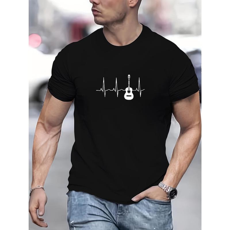 Men's Crew Neck T-shirt, Electric And Heartbeat Pattern Summer Top For Casual And Street Wear Made in USA