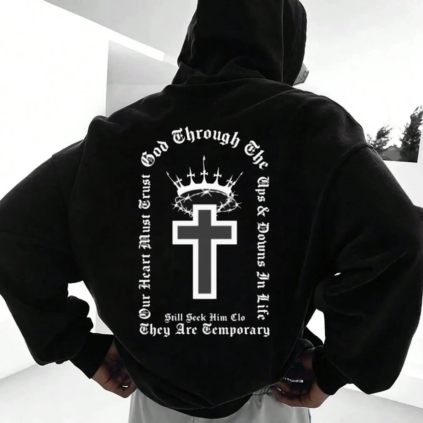 Men's Cross & Letter Print Drop Shoulder Hoodie, Fashion Casual Regular Fit Drawstring Pocket Hooded Sweatshirt for Daily Holiday Outdoor Wear, Men Clothes for Fall & Winter