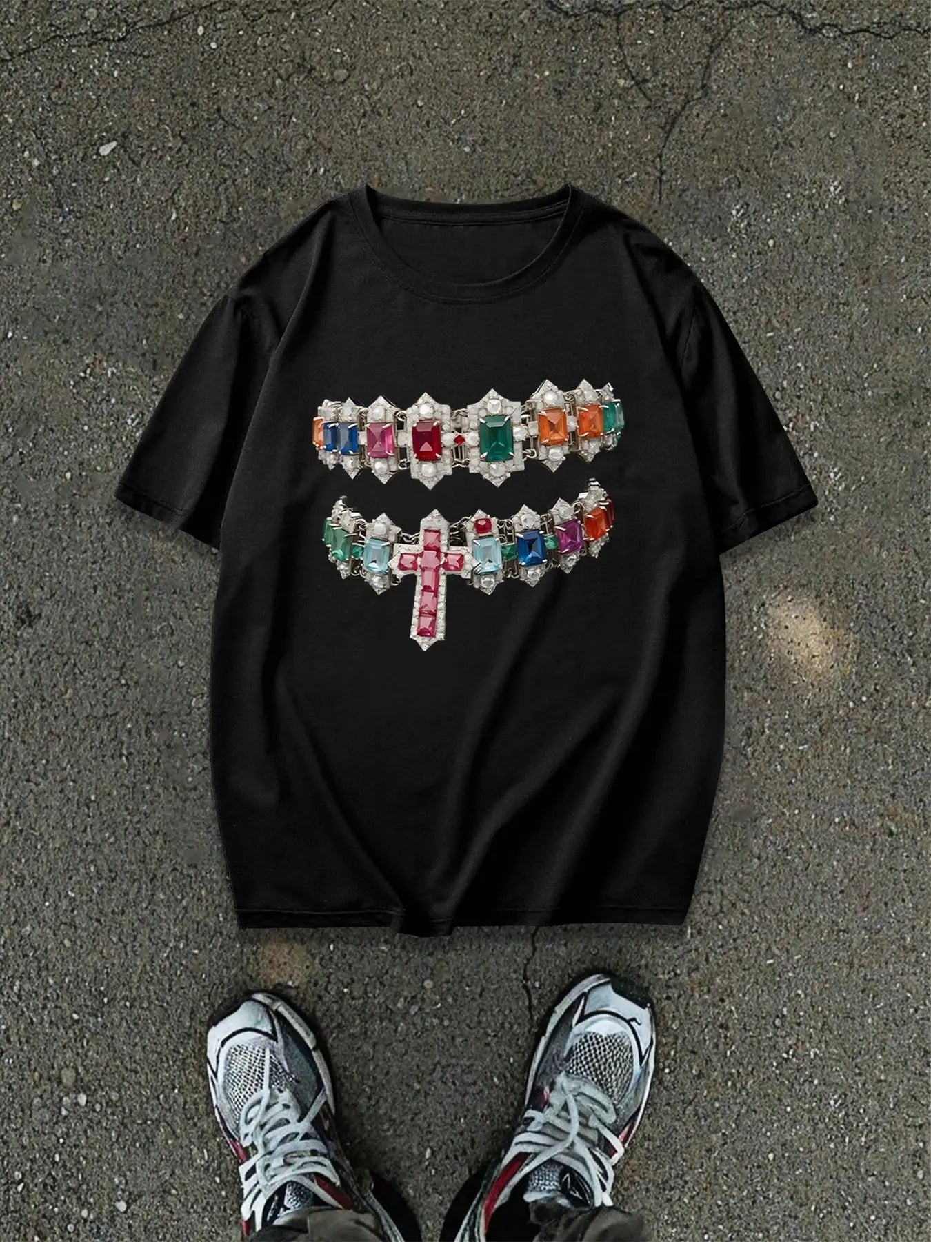 Men's Cross & Rhinestones Graphic Print Regular Fit Short Sleeve Tee, Casual Fashion Round Neck T-shirt for Daily Wear, Men's Top for All Seasons