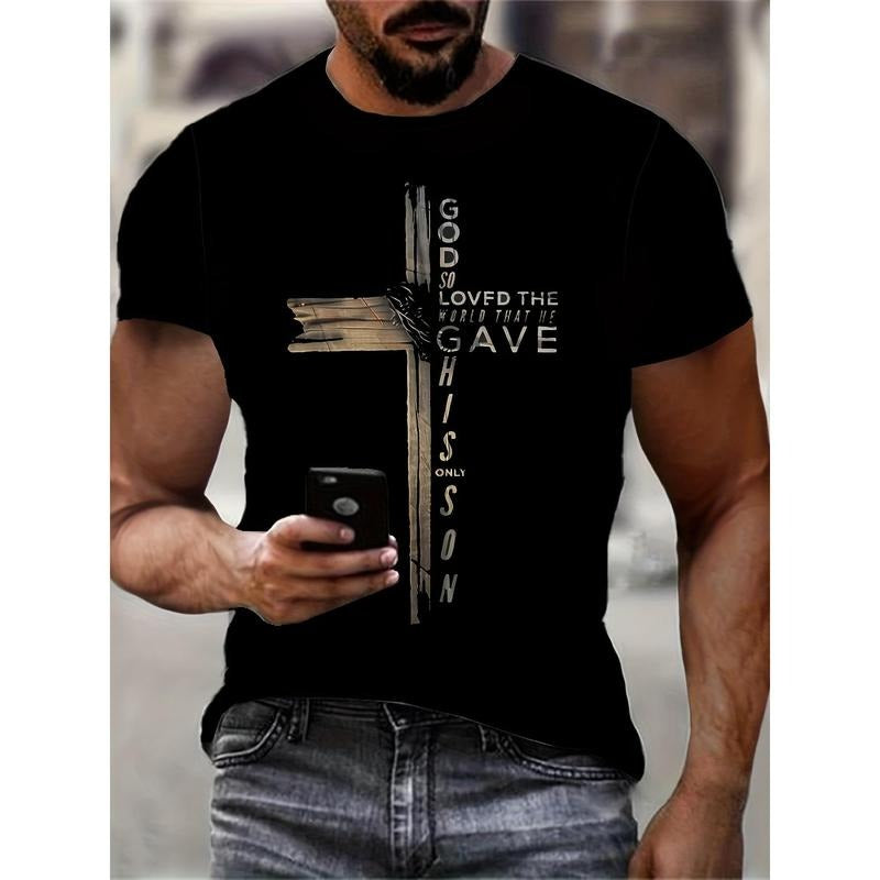 Men's Cross Graphic Print T-shirt, Casual Short Sleeve Crew Neck Tee, Men's Clothing For Summer Outdoor Made in USA
